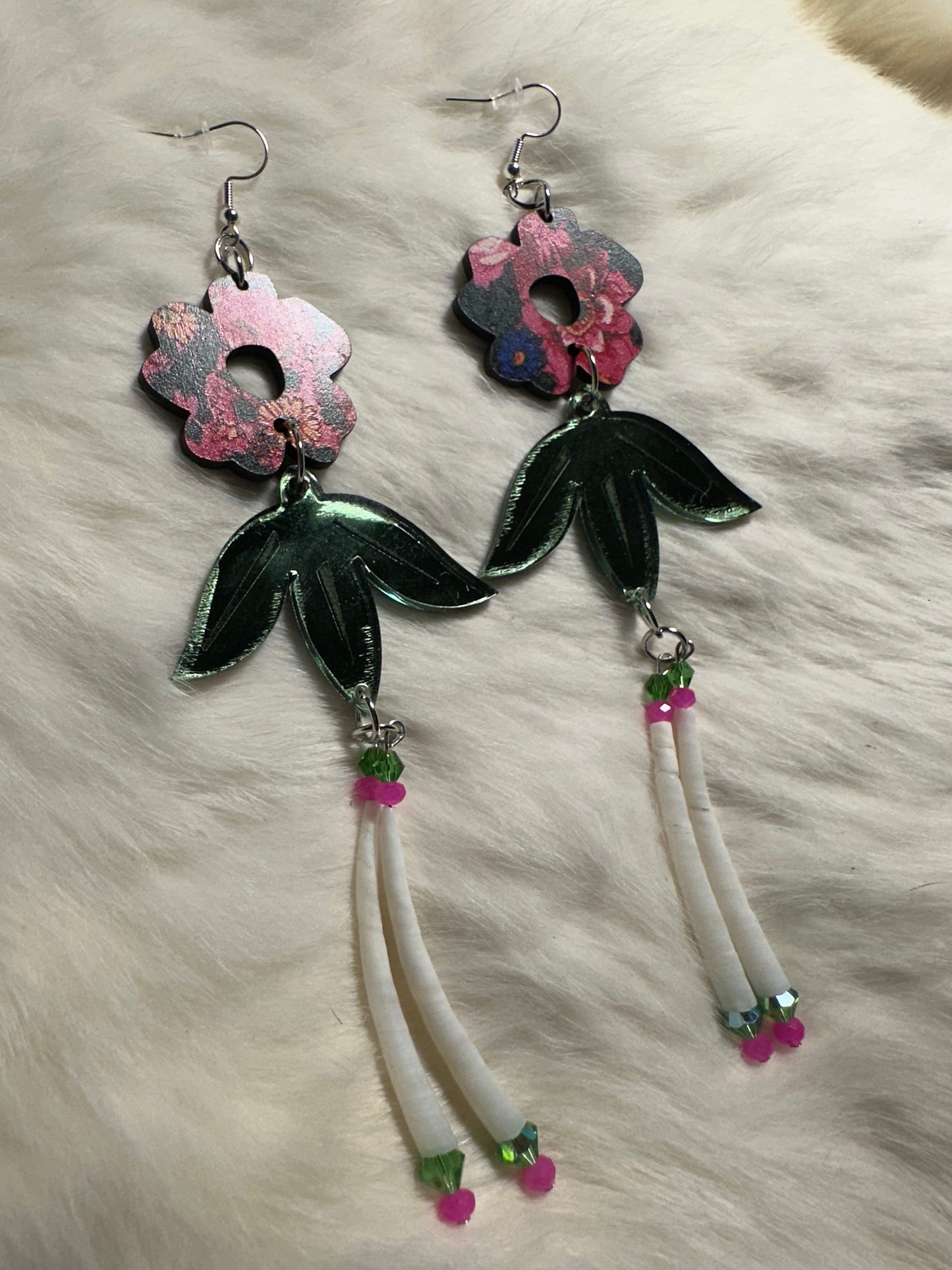 Pink floral kokum scarf print and dentalium earrings