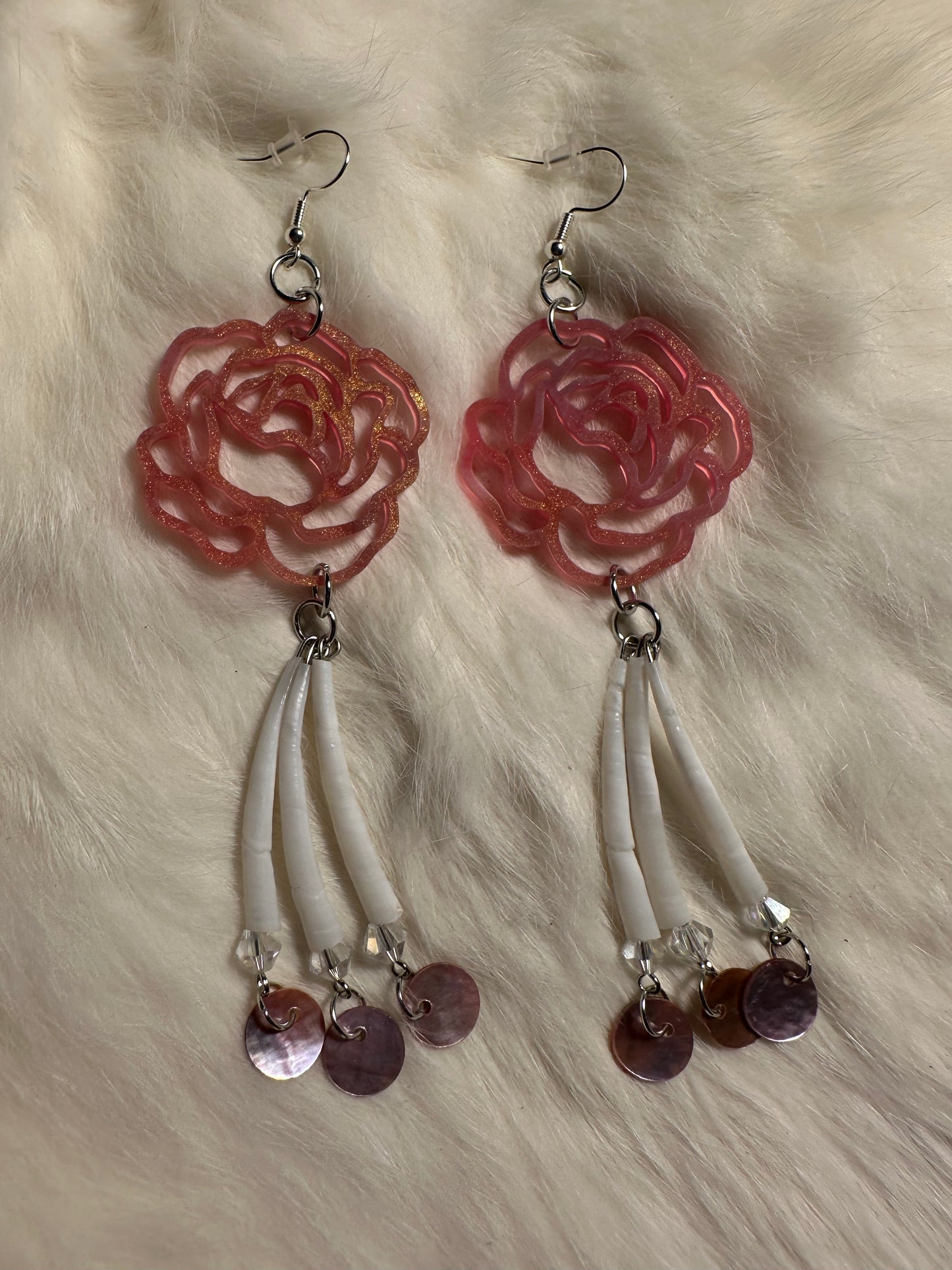 Floral acrylic and dentalium earrings