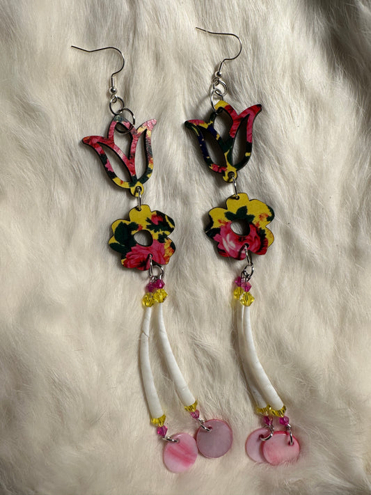 Yellow kokum scarf print and dentalium earrings